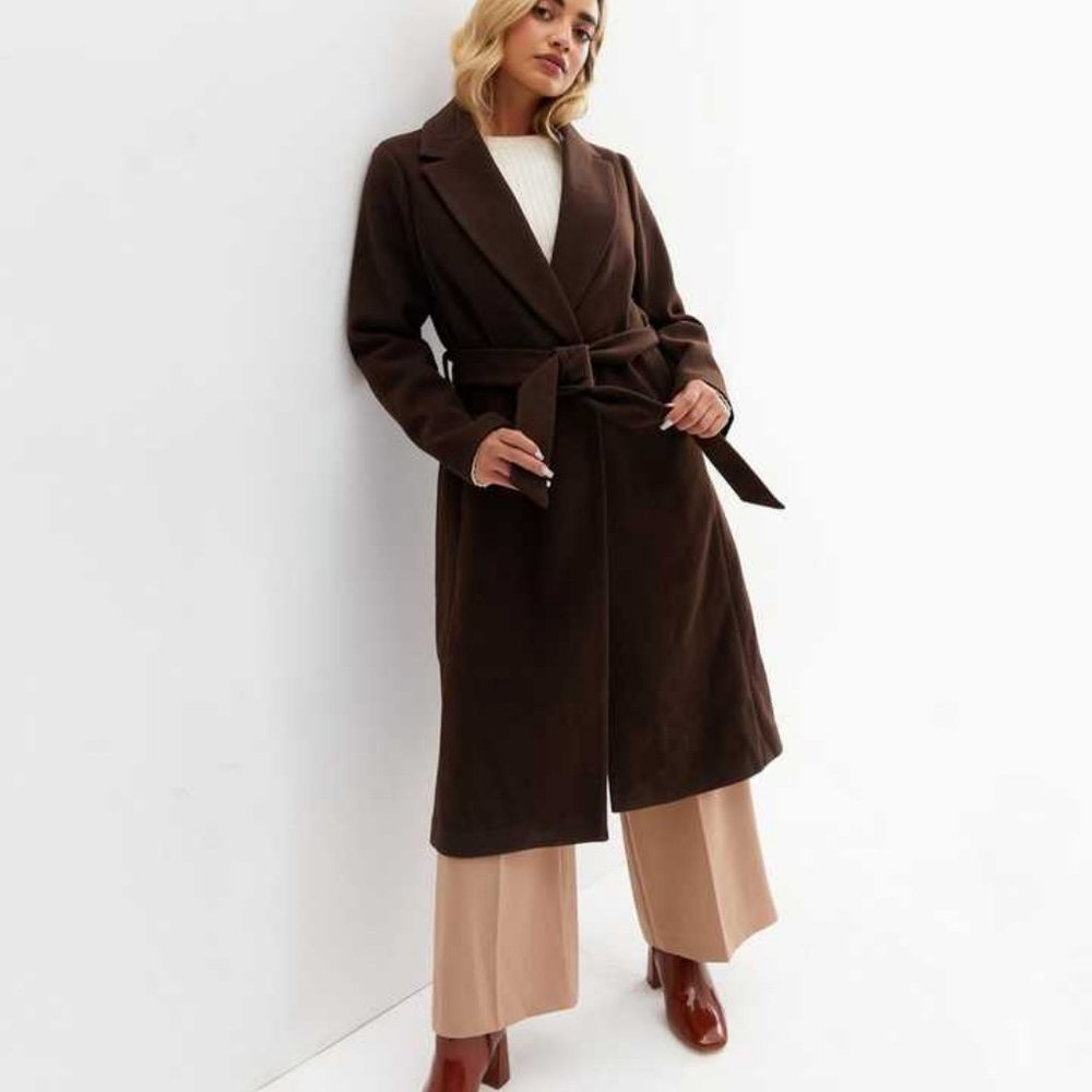 New Look Petite Dark Brown Unlined Belted Long Coat